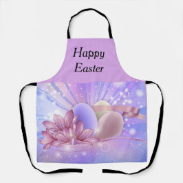 カラフルなパステル背景に花と卵 エプロン