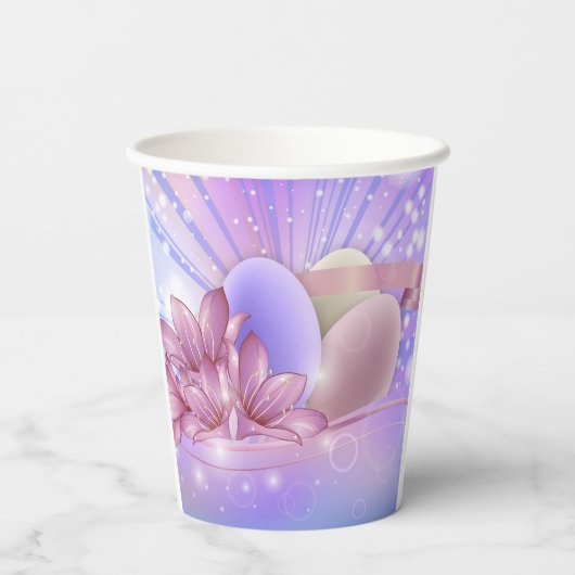 カラフルなパステル背景の花と卵 紙コップ (裏面)
