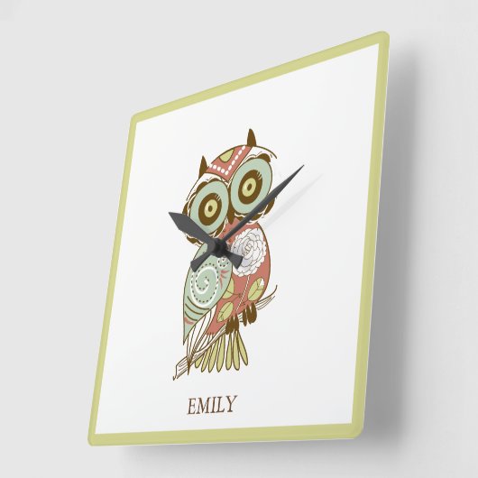 カラフルなパステル調の調子のレトロの花のフクロウ スクエア壁時計 (傾斜)