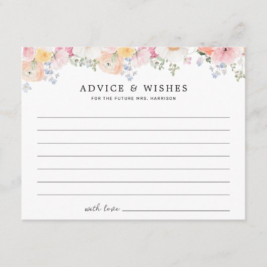 カラフルなパステル フラワーの ブライダル シャワー アドバイス カード (正面)