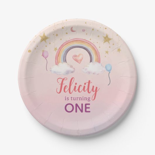カラフルなパステル レインボー ガール バースデー ペーパープレート (正面)
