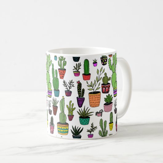 カラフルなパターンのかわいいサボテン鉢植え コーヒーマグカップ (正面右)