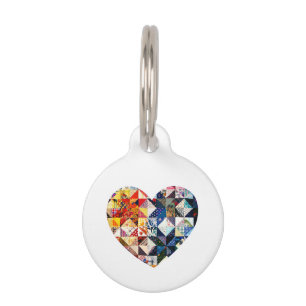 カラフルなパッチワークキルトのハート ペット　ネームタグ