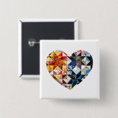 カラフルなパッチワークキルトのハート 缶バッジ (正面&裏面)