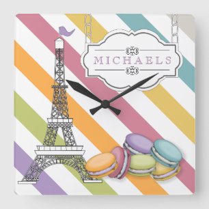 カラフルなパリMacaronエッフェル塔のモノグラム スクエア壁時計