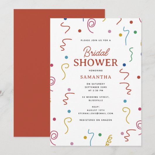 カラフルなパーティーコンフェッティ ブライダルシャワー 招待状 (正面/裏面)