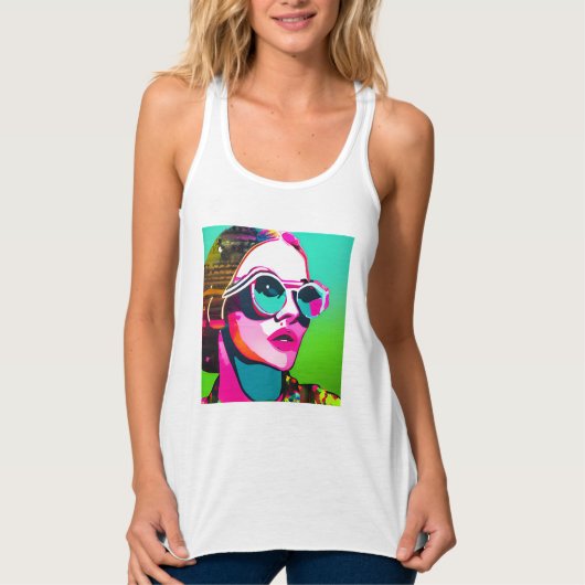 カラフルなヒップスターの女性 サングラスとお団子ヘア タンクトップ (正面)