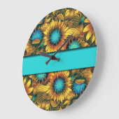 カラフルなヒマワリを持つティール(緑がかった色) ラージ壁時計 (傾斜)