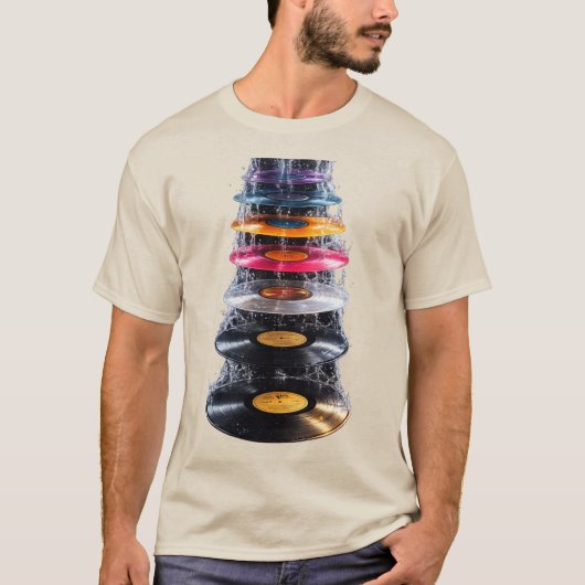 カラフルなビニールレコードの滝アート Tシャツ (正面)