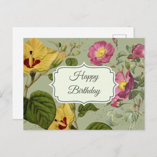 カラフルなビンテージガーデンの花 ハッピーバースデー ポストカード (正面/裏面)