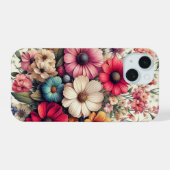 カラフルなビンテージ風のお花のコラージュ iPhone 15ケース (裏面横)