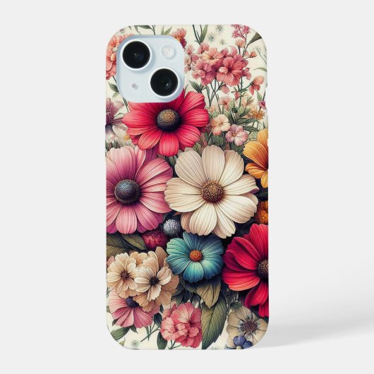 カラフルなビンテージ風のお花のコラージュ iPhone 15ケース (裏面)