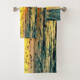 カラフルなビーチの日没の絵画 バスタオルセット