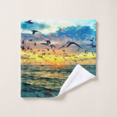 カラフルなビーチの日没の絵画 バスタオルセット (ウォッシュタオル)