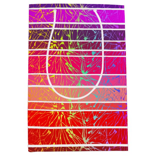 カラフルなピンクとパープルのストライプ、 花火 ミディアムペーパーバッグ (正面)