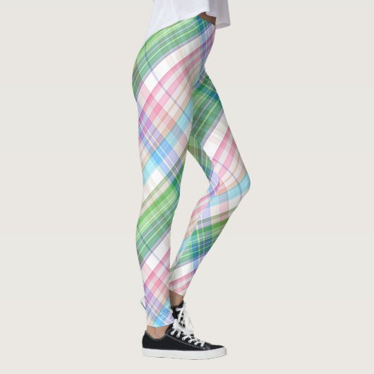 カラフルなピンクのターコイズの緑の格子縞のタータンチェックパターン レギンス (右)