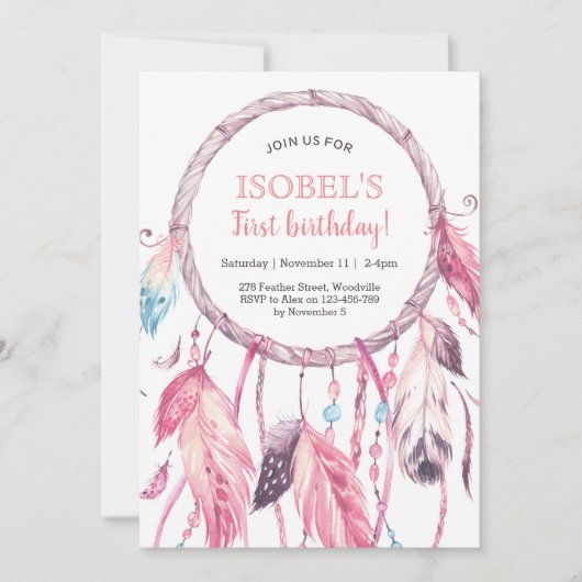 カラフルなピンクの夢のキャッチャーの誕生日の招待状 招待状 (正面)