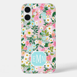カラフルなピンクの花園のモノグラム iPhone 16 PLUSケース