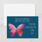 カラフルなピンクの蝶の女の子の誕生日パーティー 招待状 (正面/裏面)