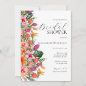 カラフルなピンクオレンジのトロピカルフラワーブライダルシャワー 招待状 (正面)