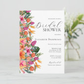 カラフルなピンクオレンジのトロピカルフラワーブライダルシャワー 招待状 (スタンド正面)