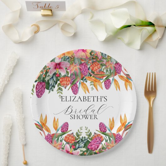 カラフルなピンクオレンジトロピカルフラワーのブライダルシャワー ペーパープレート (ウェディング)