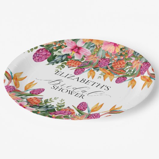 カラフルなピンクオレンジトロピカルフラワーのブライダルシャワー ペーパープレート (アングル)