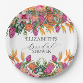 カラフルなピンクオレンジトロピカルフラワーのブライダルシャワー ペーパープレート (正面)