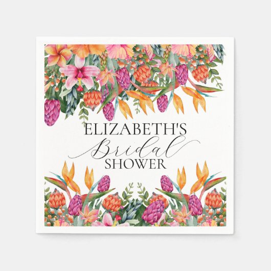 カラフルなピンクオレンジトロピカルフラワーブライダルシャワー スタンダードカクテルナプキン (正面)