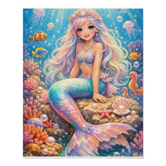カラフルなファンタジーマーメイド ウォールアート (正面)