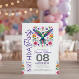 カラフルなフォークアートのハチドリの誕生日パーティー 招待状