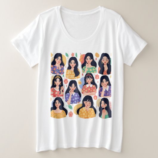 カラフルなフォークアートの美意識を持つ女性の肖像画 プラスサイズTシャツ (デザイン正面)