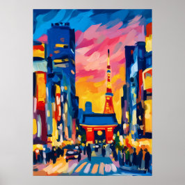 カラフルなフォーヴィスト風東京スカイライン ウォールアート
