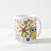 カラフルなフクロウおよび花の幸せなマグ コーヒーマグカップ (正面右)