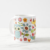 カラフルなフクロウおよび花の幸せなマグ コーヒーマグカップ (正面左)