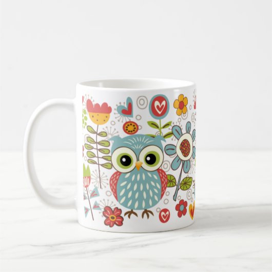カラフルなフクロウおよび花の幸せなマグ コーヒーマグカップ (左)