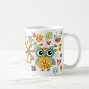 カラフルなフクロウおよび花の幸せなマグ コーヒーマグカップ