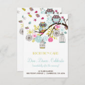 カラフルなフクロウと落ち葉のレセプションカード エンクロージャーカード (正面/裏面)