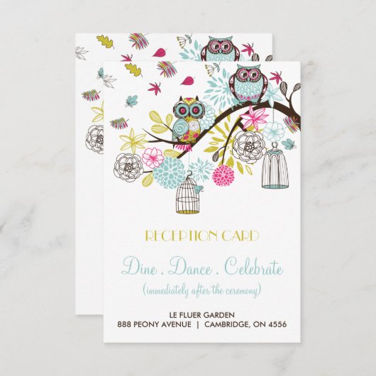 カラフルなフクロウと落ち葉のレセプションカード エンクロージャーカード (正面/裏面)