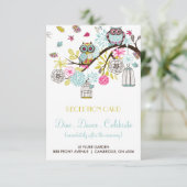 カラフルなフクロウと落ち葉のレセプションカード エンクロージャーカード (スタンド正面)