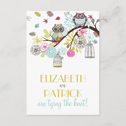 カラフルなフクロウと落ち葉のレセプションカード エンクロージャーカード (裏面)