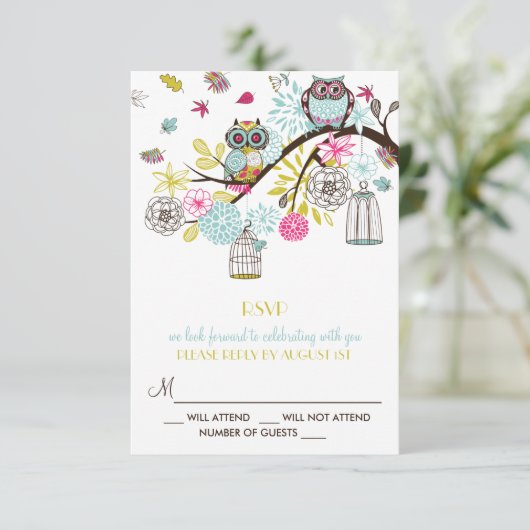 カラフルなフクロウと落ち葉の出欠確認カード 出欠カード (スタンド正面)