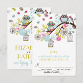 カラフルなフクロウと落ち葉のRSVPカード 出欠カード (正面/裏面)