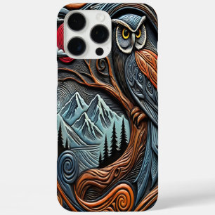 カラフルなフクロウのデザイン 山々と夕焼け iPhone 16 PRO MAXケース