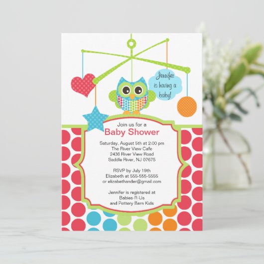 カラフルなフクロウの可動装置のベビーシャワー招待状 招待状 (スタンド正面)