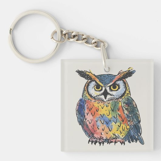 カラフルなフクロウの水彩画 キーホルダー (正面)