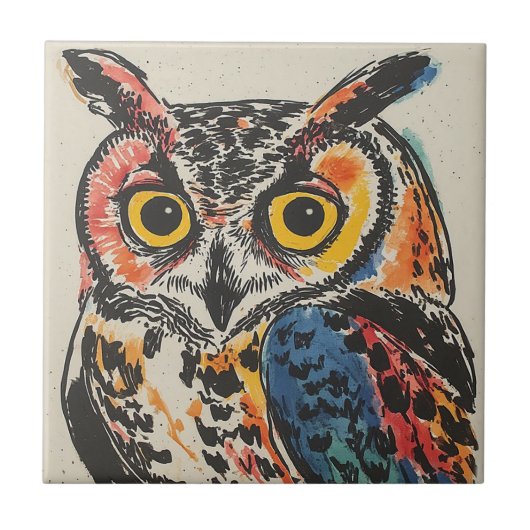 カラフルなフクロウの水彩画 タイル (正面)