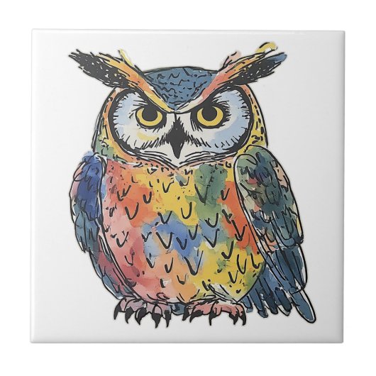 カラフルなフクロウの水彩画 タイル (正面)