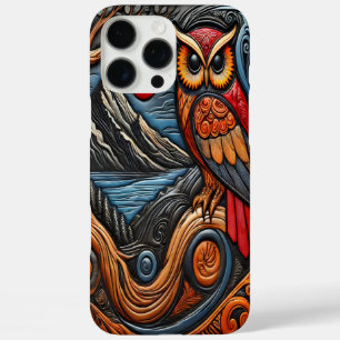 カラフルなフクロウの芸術 山と太陽の風景 iPhone 16 PRO MAXケース