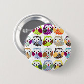 カラフルなフクロウパターン 缶バッジ (正面&裏面)